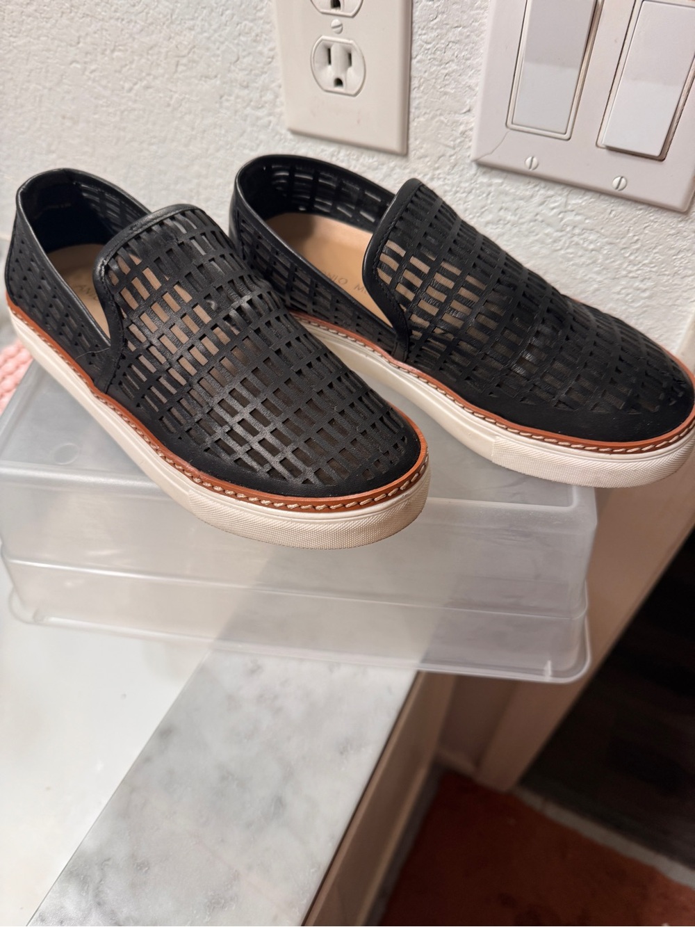 ANTONIO MELANI Black Laser-Cut Slip-On Flats with White Sole